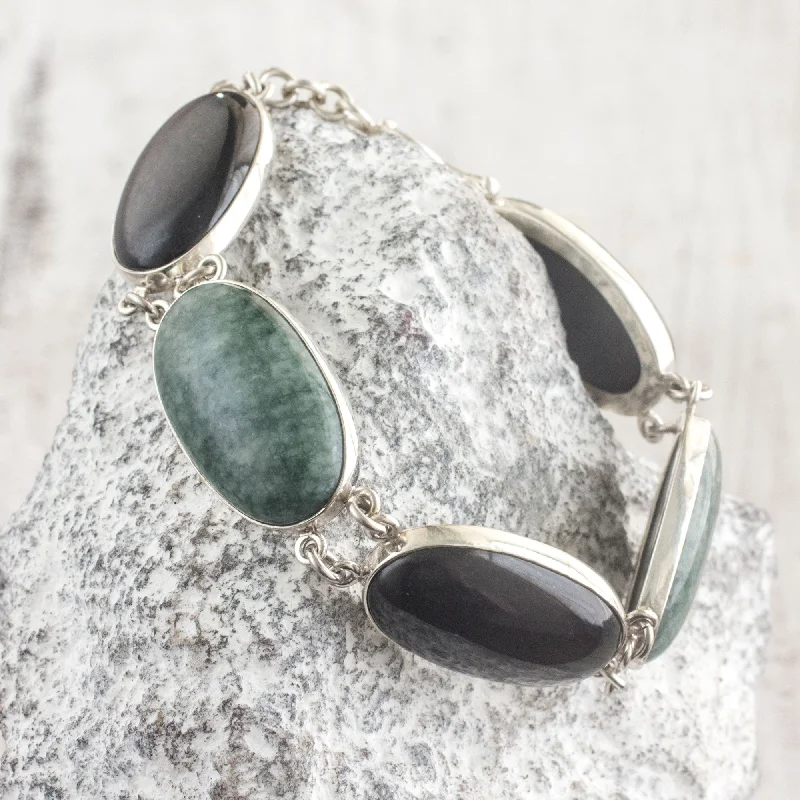 Geometric bracelet for women-Black and Green Tonalities Black and Forest Green Jade and Silver Bracelet