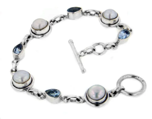 Stackable gold bracelet for women-Sterling Silver Blue Topaz Freshwater Pearl Bracelet