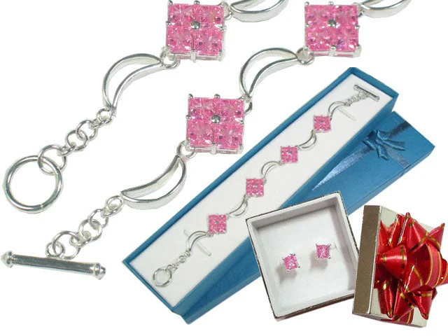 Leather bracelet for women-Sterling Silver Pink Ice Moon Bracelet and Earrings Set