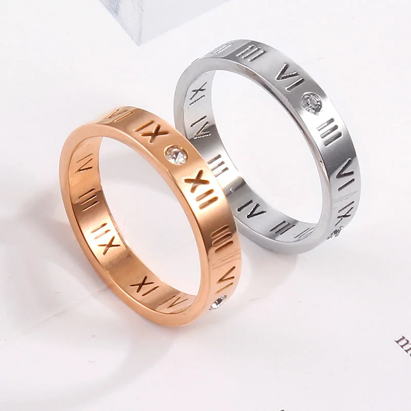 Art nouveau ring for women-Simple Style Roman Numeral Titanium Steel Plating Hollow Out Inlay Zircon Gold Plated Rings