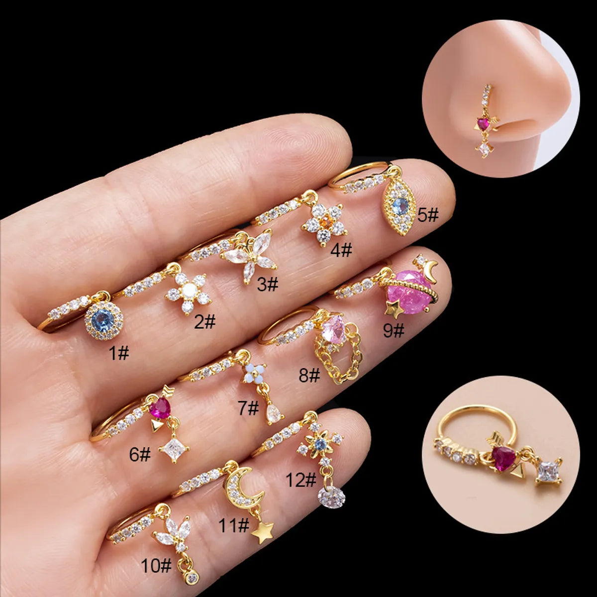 Vintage gold ring for women-Ig Style Heart Shape Eye Butterfly Copper Plating Inlay Zircon Nose Ring