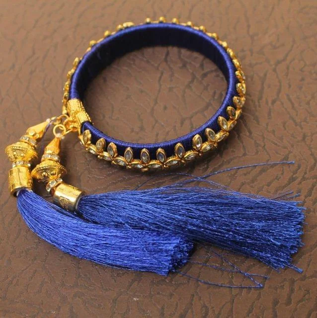 Personalized bangle for women-Designer Kundan Silk thread Adjustable Bracelet With Latkan Blue