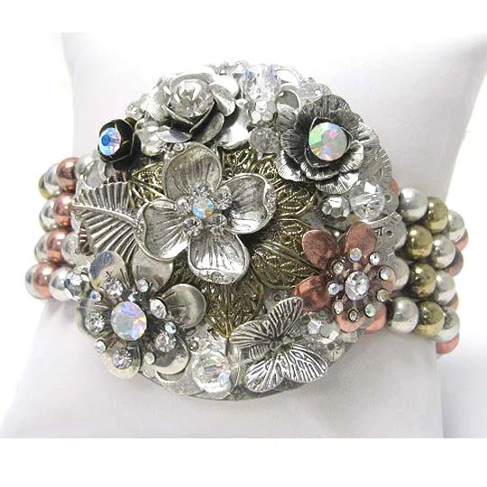 Gold bracelet for women-Crystal Flower Corsage with Silver, Gold and Copper Tone Beaded Stretch Bracelet