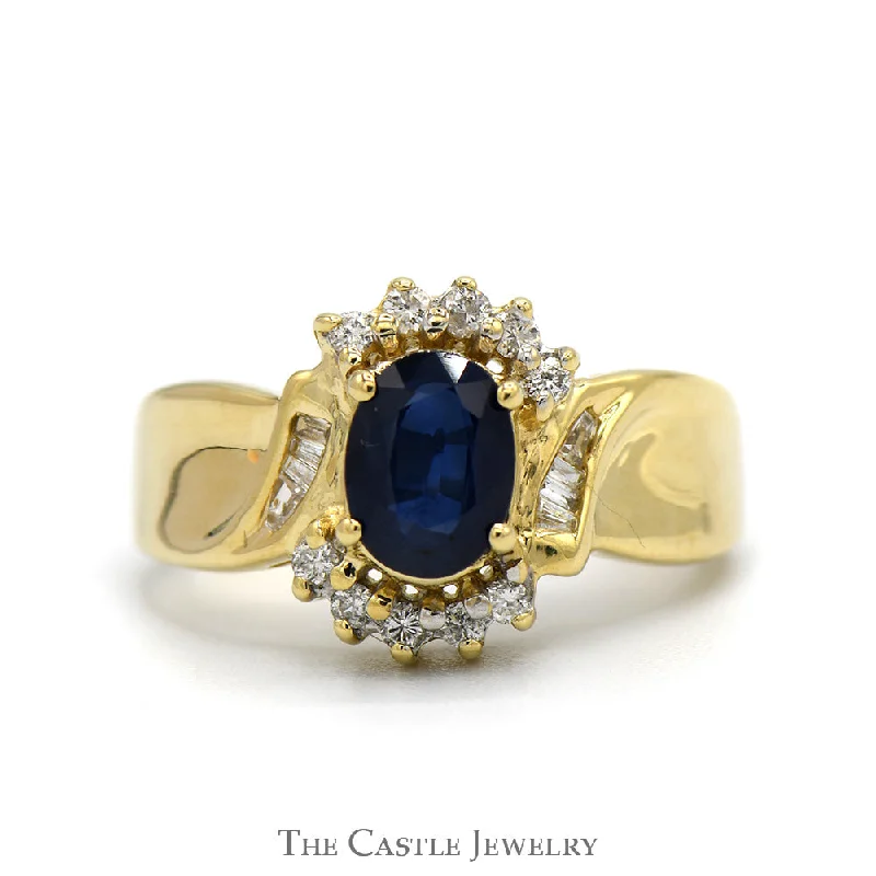 Unique engagement ring for women-Oval Sapphire Ring with Round & Baguette Cut Diamond Accents in 14k Yellow Gold