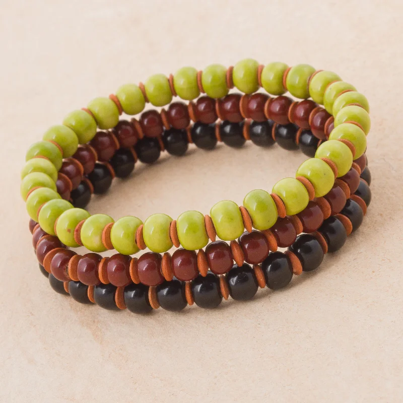 Friendship bracelet for women-Autumn Spirit Three Ceramic Bracelets in Chartreuse Russet and Black