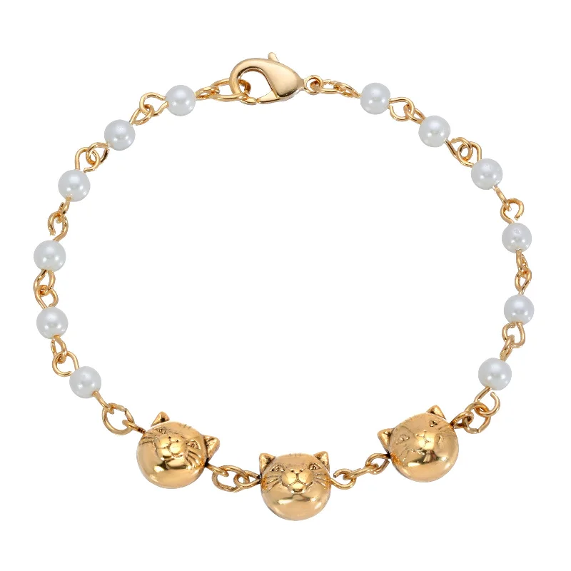 Designer bracelet for women-1928 Jewelry® Triple Cat Face With Pearl Chain Bracelet